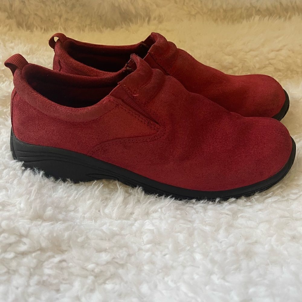 Route 66 leather red suede clogs with black rubber soles size 9